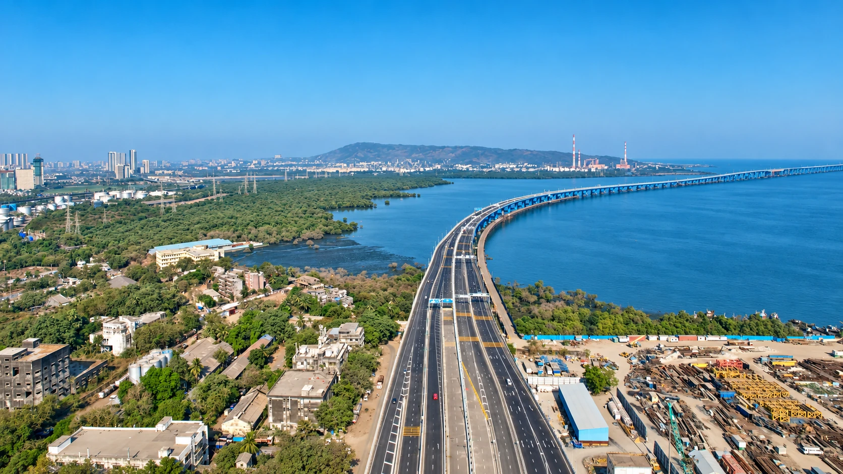 Aerial view of Atal Setu crossing Mumbai Harbour towards Navi Mumbai